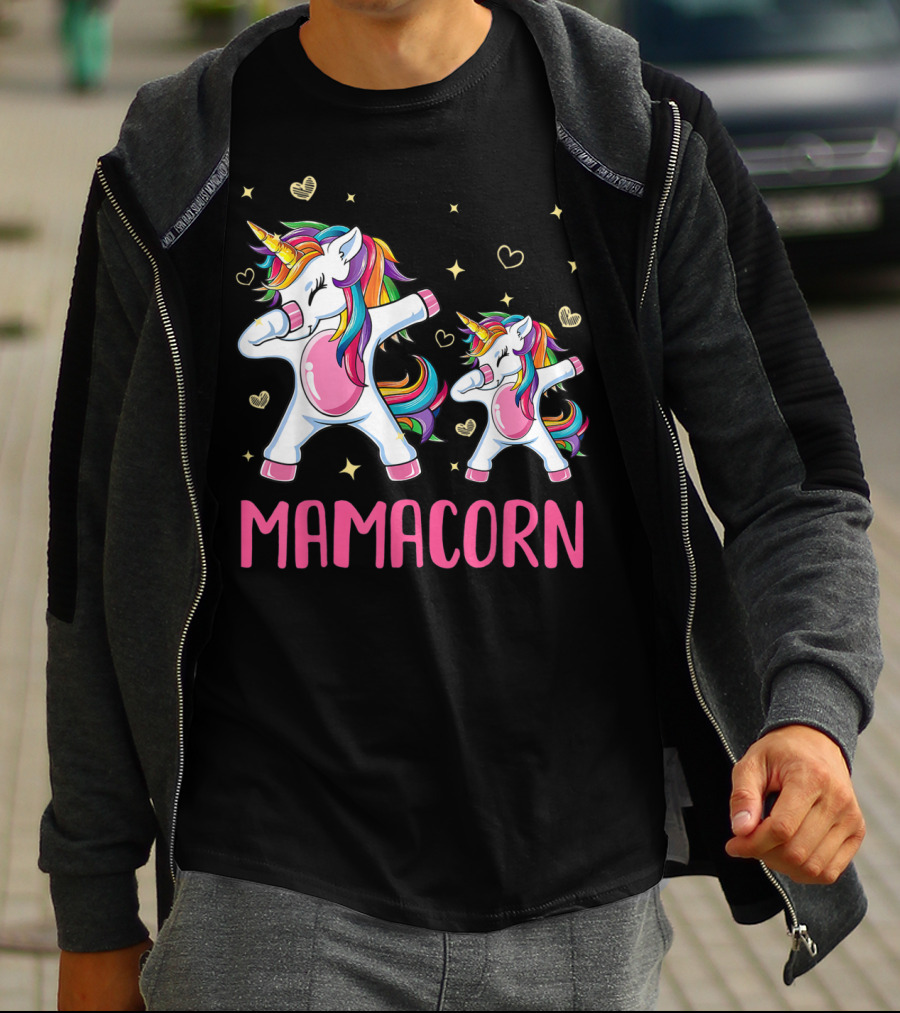 Colorful Dabbing Unicorns Mamacorn With Rainbow Hair And Hearts T-Shirt
