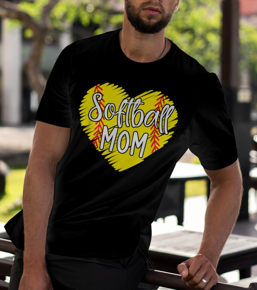 Softball Mom Heart Yellow Red Stitching Baller Mama T-Shirt