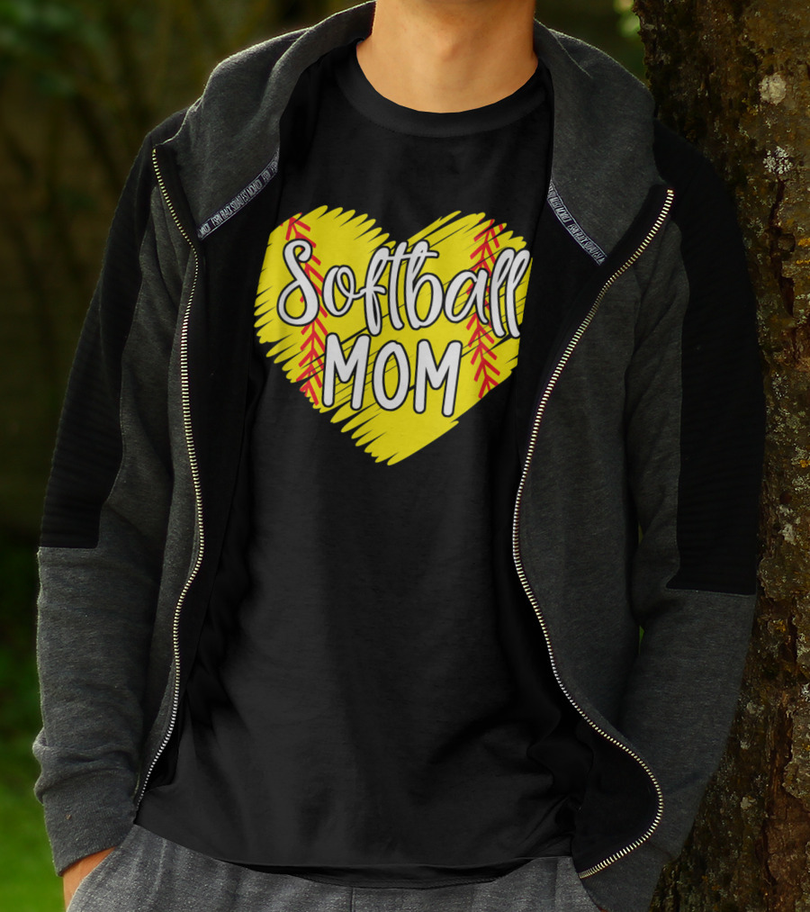 Softball Mom Heart Yellow Red Stitching Baller Mama T-Shirt