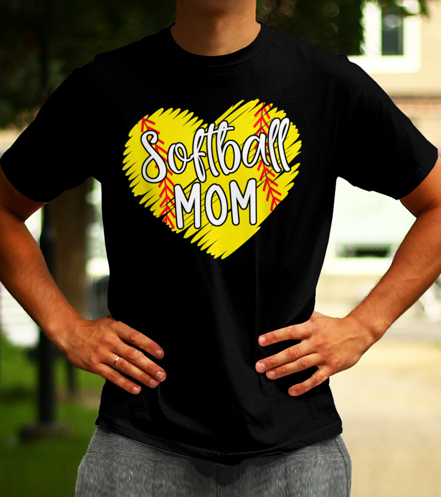 Softball Mom Heart Yellow Red Stitching Baller Mama T-Shirt
