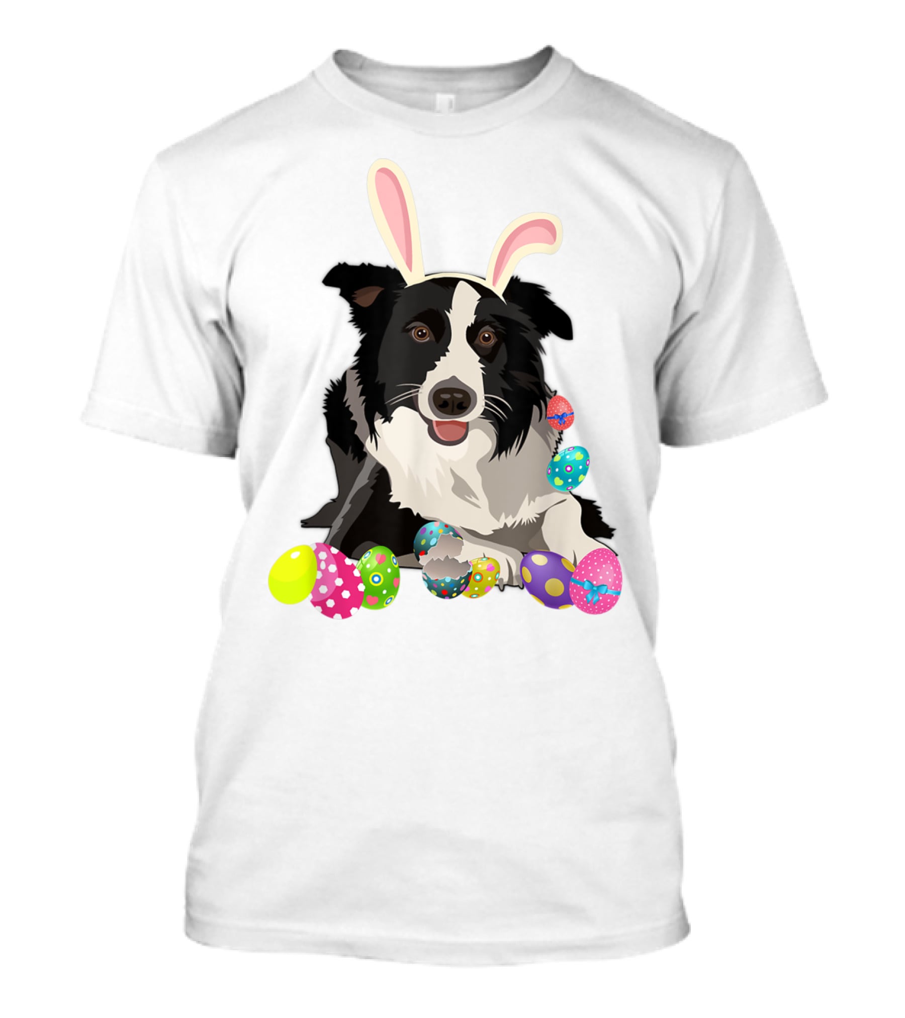 Border Collie Dog In Bunny Rabbit Hat With Colorful Easter Eggs T-Shirt