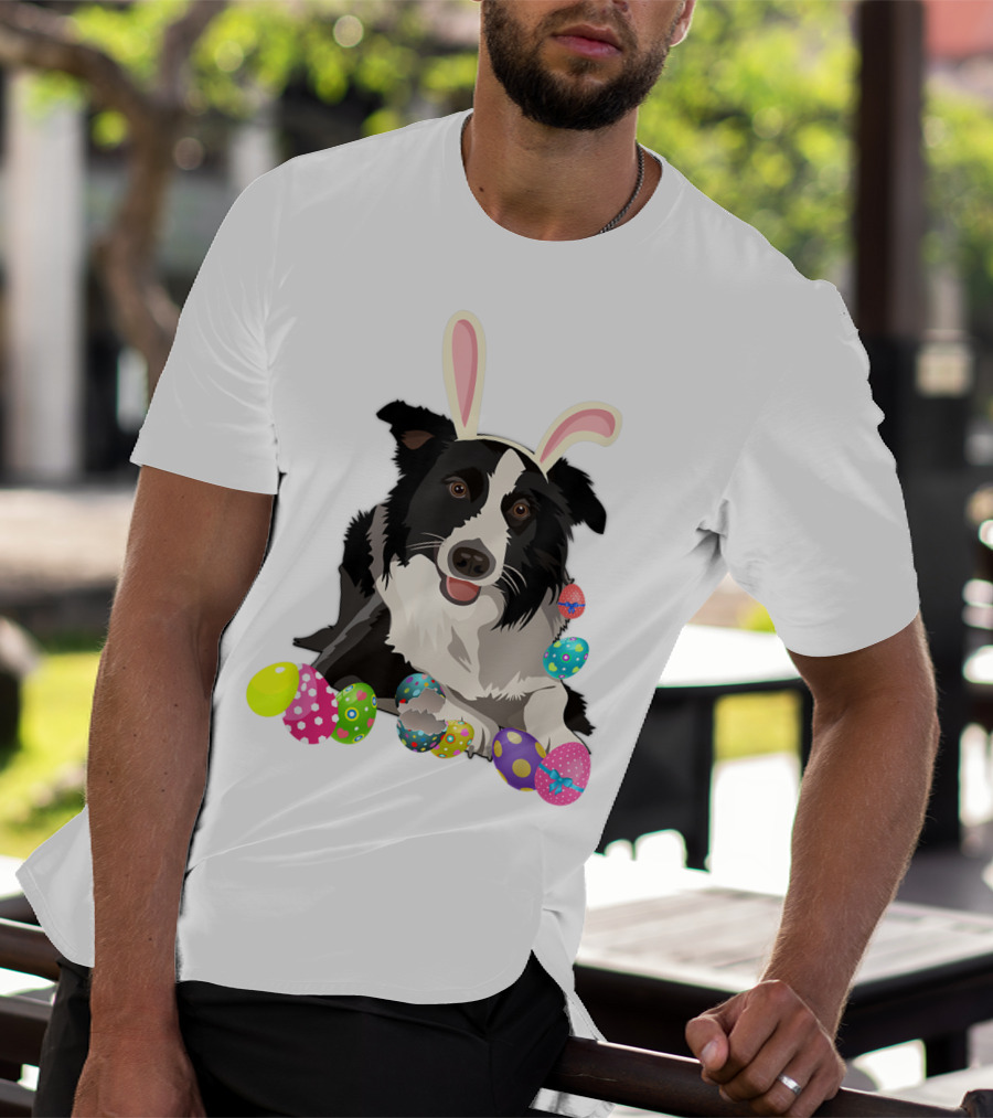 Border Collie Dog In Bunny Rabbit Hat With Colorful Easter Eggs T-Shirt