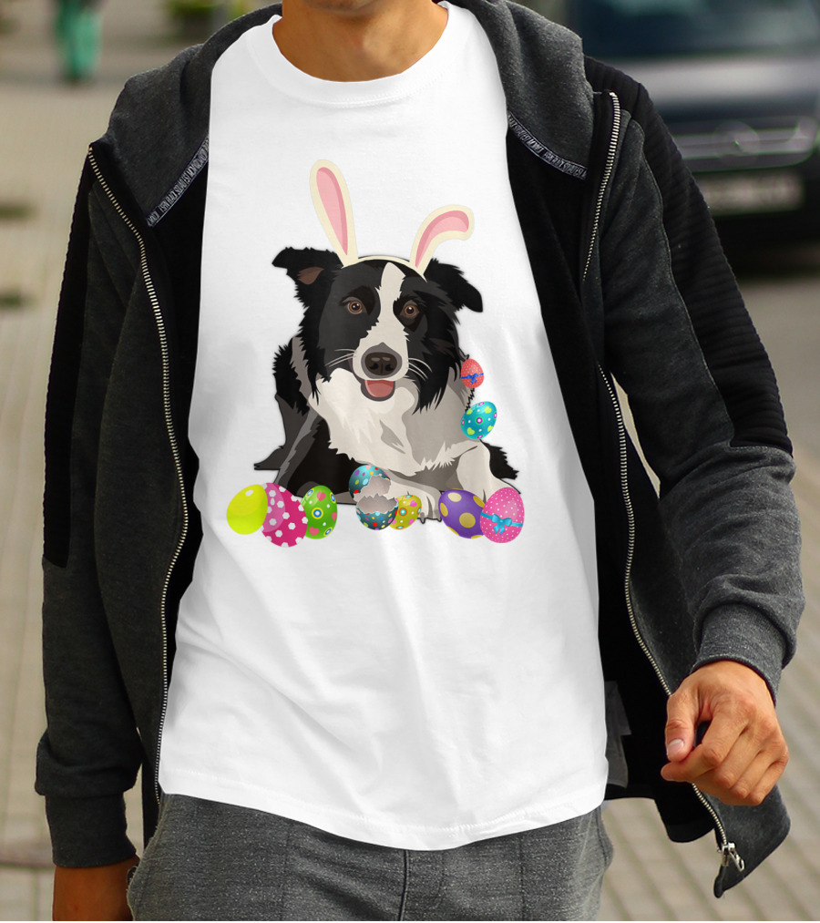Border Collie Dog In Bunny Rabbit Hat With Colorful Easter Eggs T-Shirt