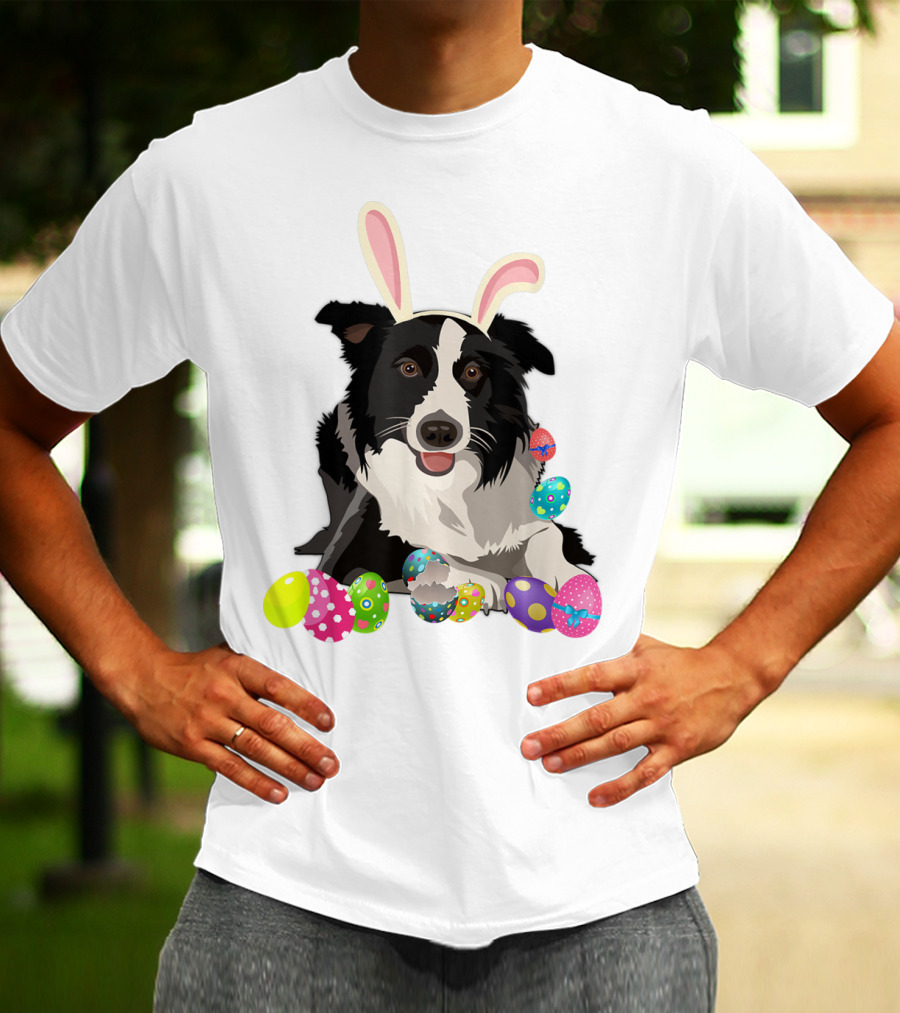 Border Collie Dog In Bunny Rabbit Hat With Colorful Easter Eggs T-Shirt