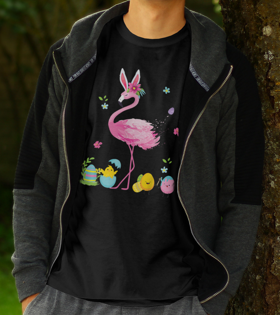 Easter Flamingo With Bunny Ears And Colorful Eggs T-Shirt
