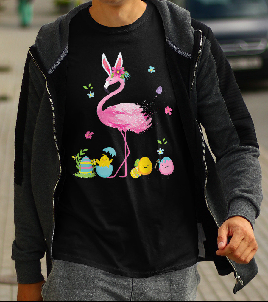 Easter Flamingo With Bunny Ears And Colorful Eggs T-Shirt