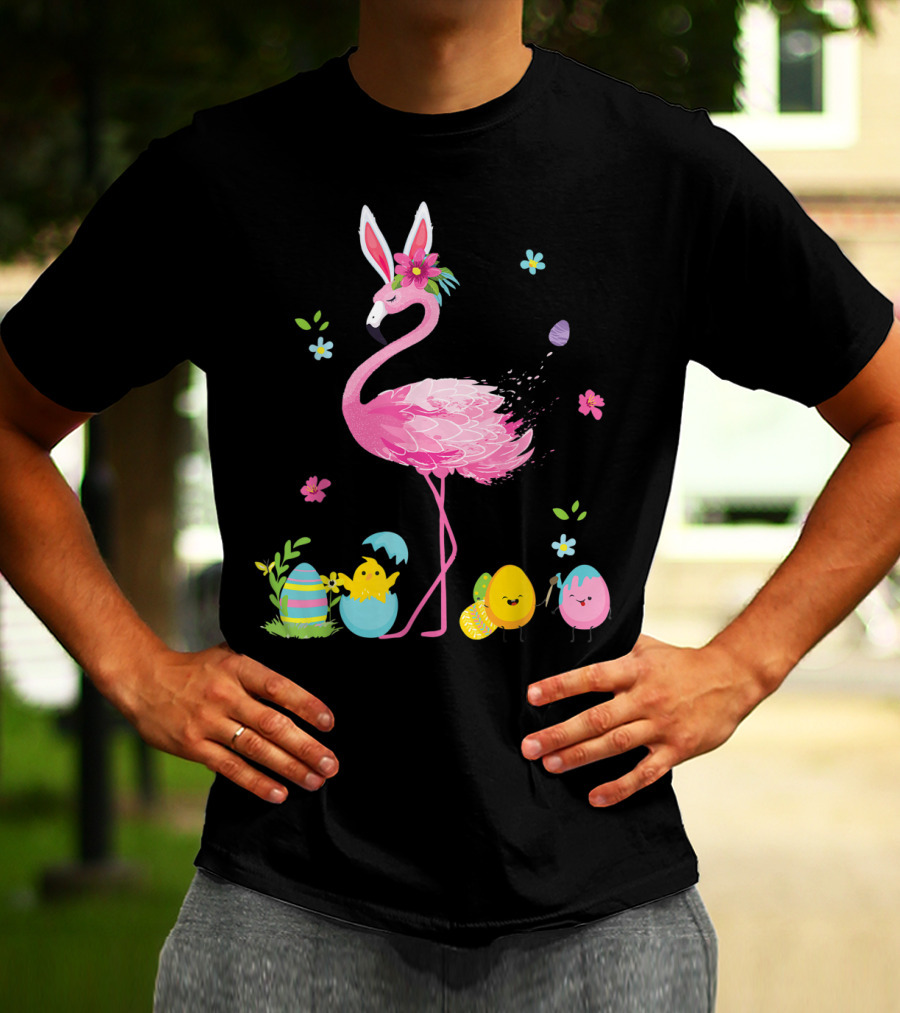 Easter Flamingo With Bunny Ears And Colorful Eggs T-Shirt