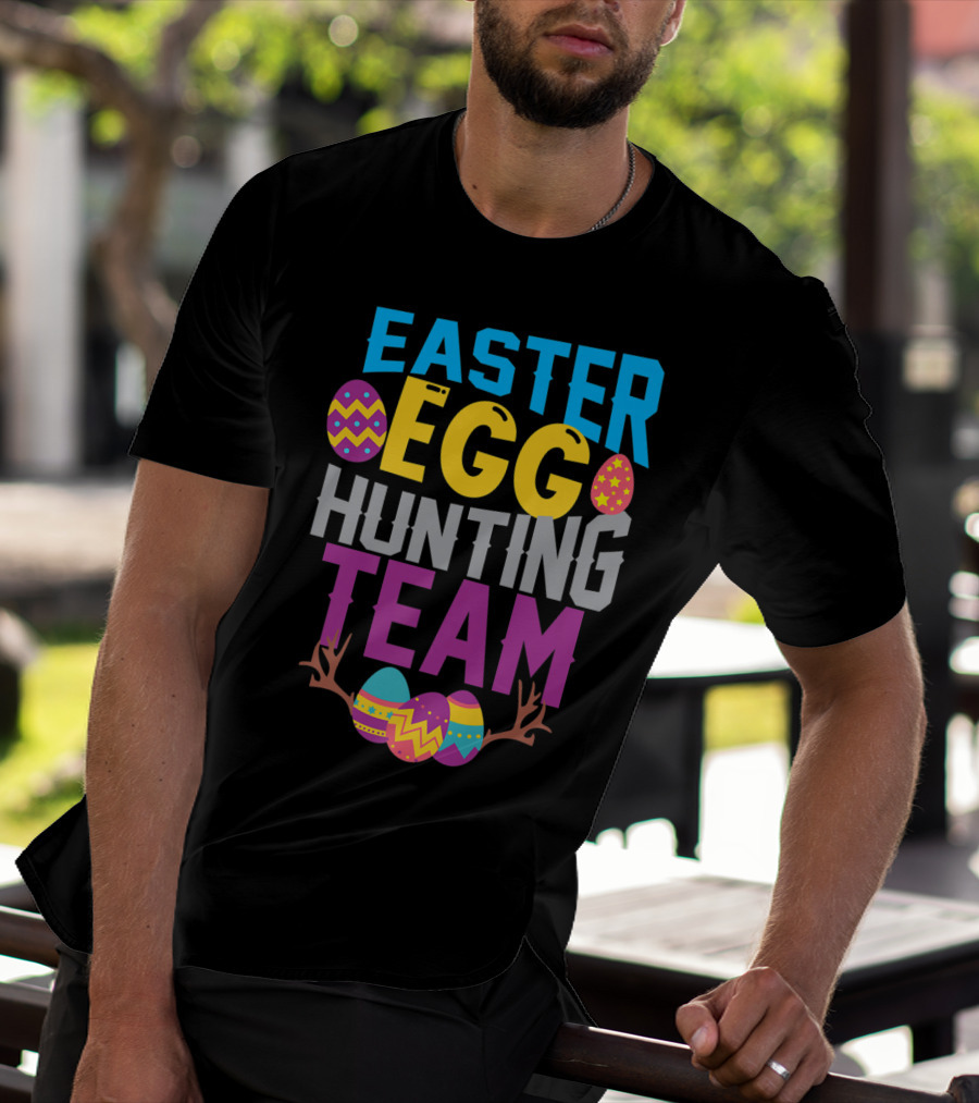 Easter Egg Hunting Team With Colorful Eggs And Antlers T-Shirt