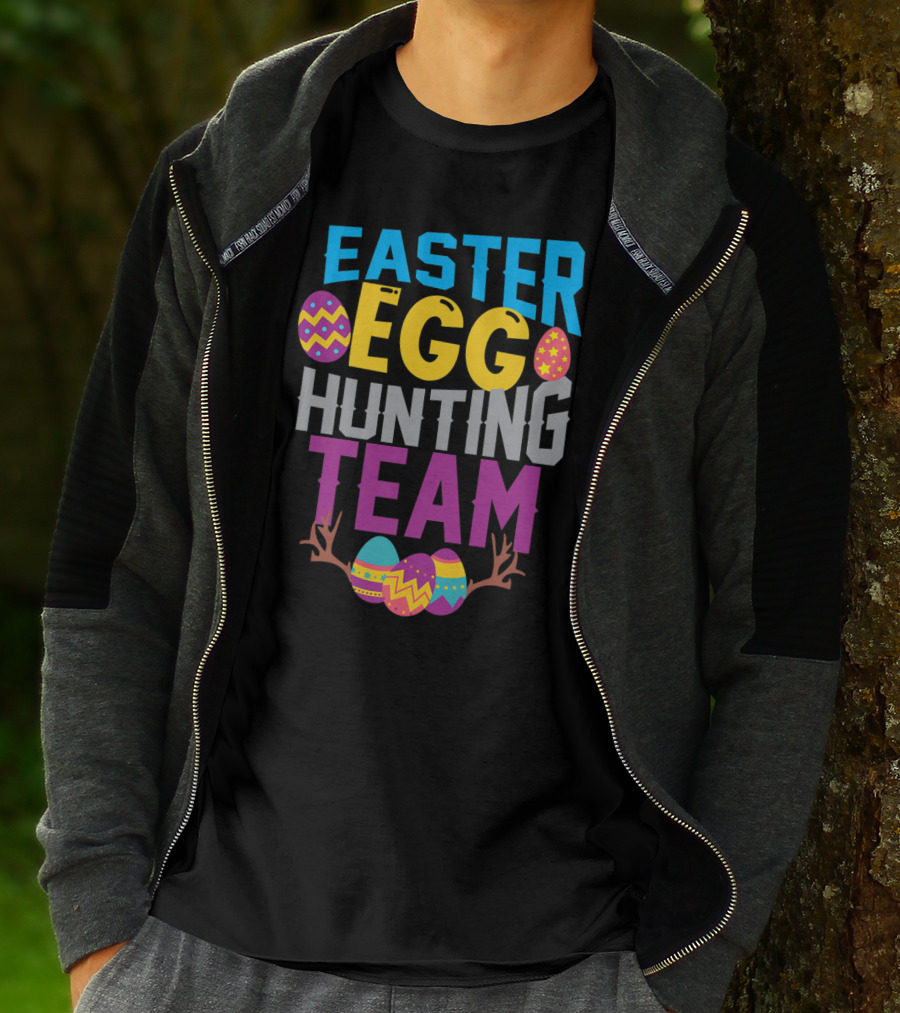 Easter Egg Hunting Team With Colorful Eggs And Antlers T-Shirt