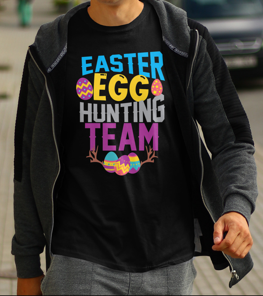 Easter Egg Hunting Team With Colorful Eggs And Antlers T-Shirt