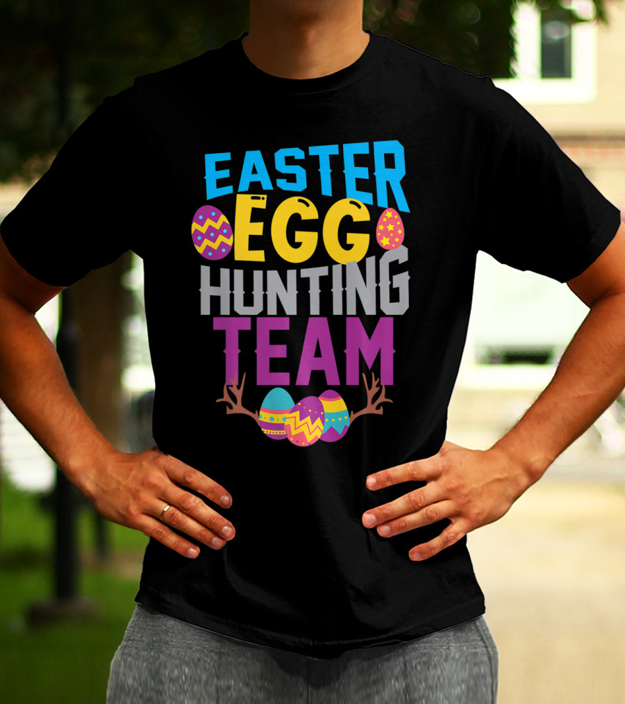 Easter Egg Hunting Team With Colorful Eggs And Antlers T-Shirt