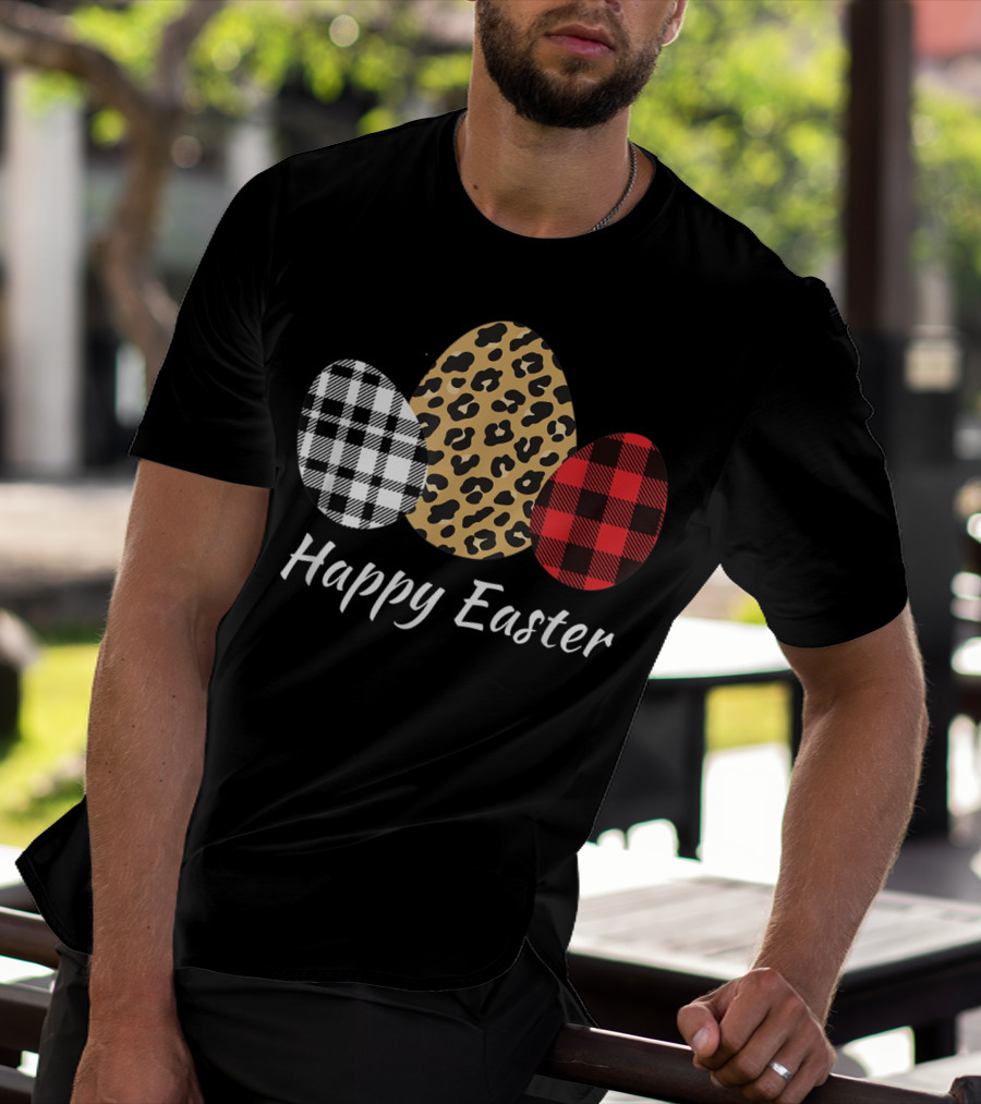Happy Easter Eggs Buffalo Plaid Red Leopard T-Shirt