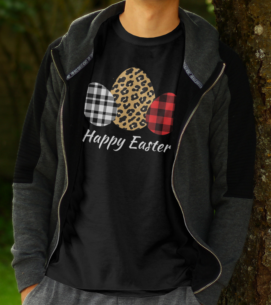 Happy Easter Eggs Buffalo Plaid Red Leopard T-Shirt