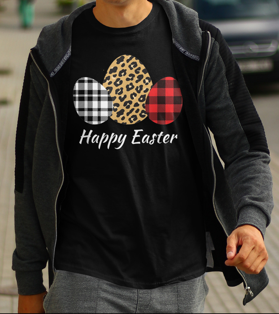 Happy Easter Eggs Buffalo Plaid Red Leopard T-Shirt