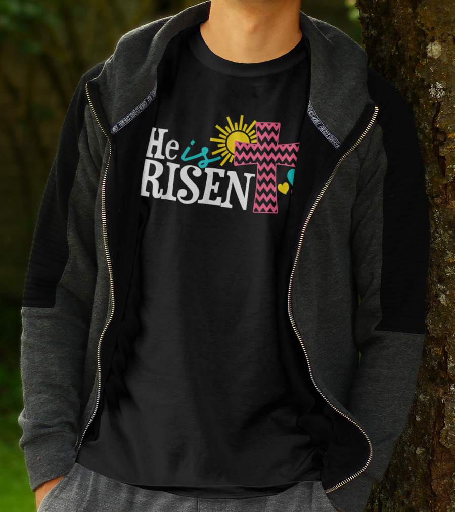 He Is Risen Christian Easter Sun And Zigzag Cross With Colorful Hearts T-Shirt