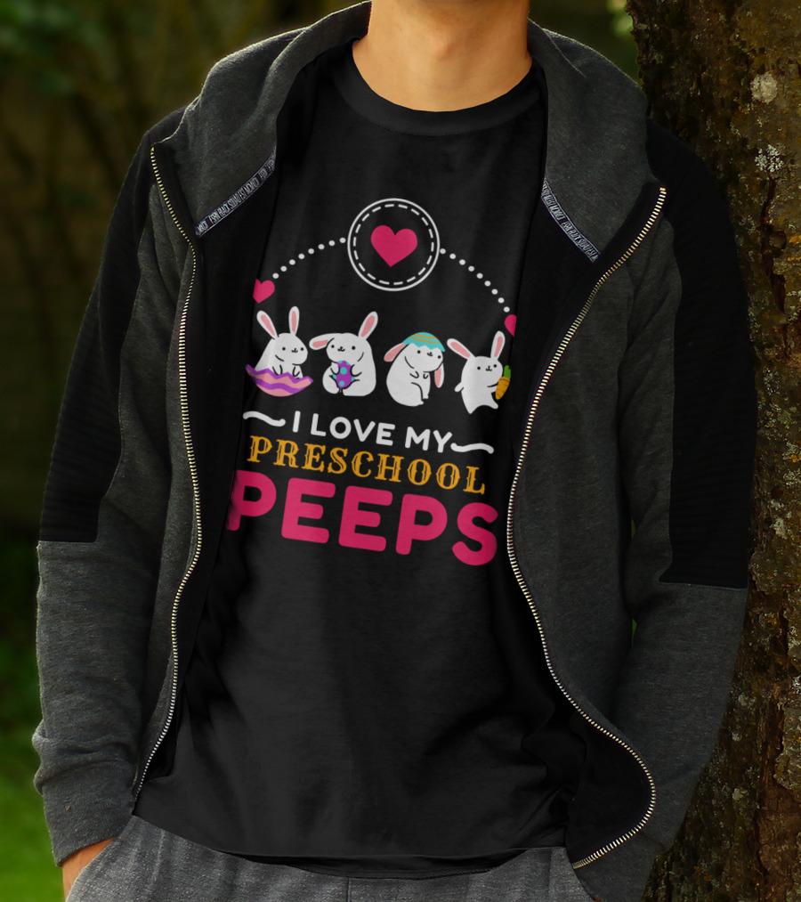 I Love My Preschool Peeps Cute Easter Bunnies Holding Carrot And Egg T-Shirt