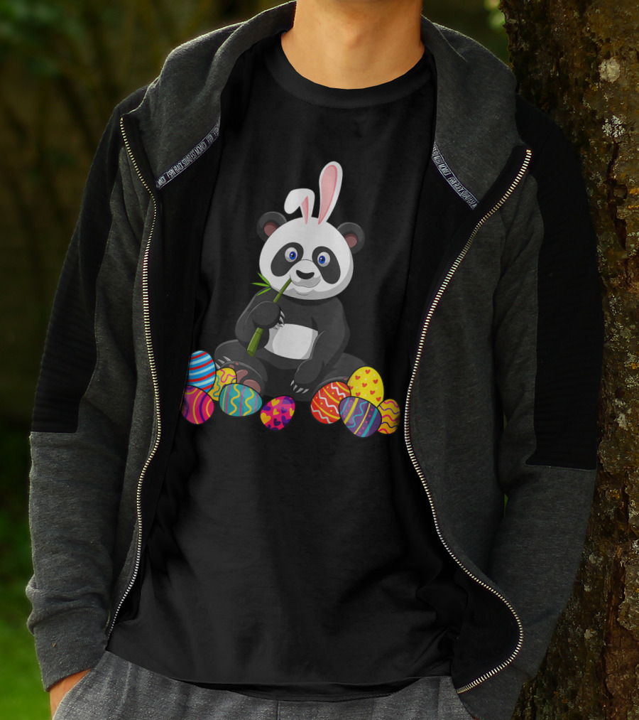 Panda Bunny Ear Eating Bamboo With Colorful Easter Eggs T-Shirt