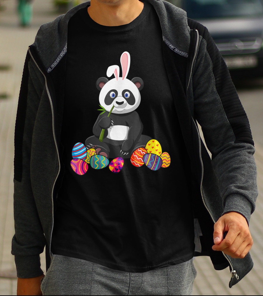 Panda Bunny Ear Eating Bamboo With Colorful Easter Eggs T-Shirt