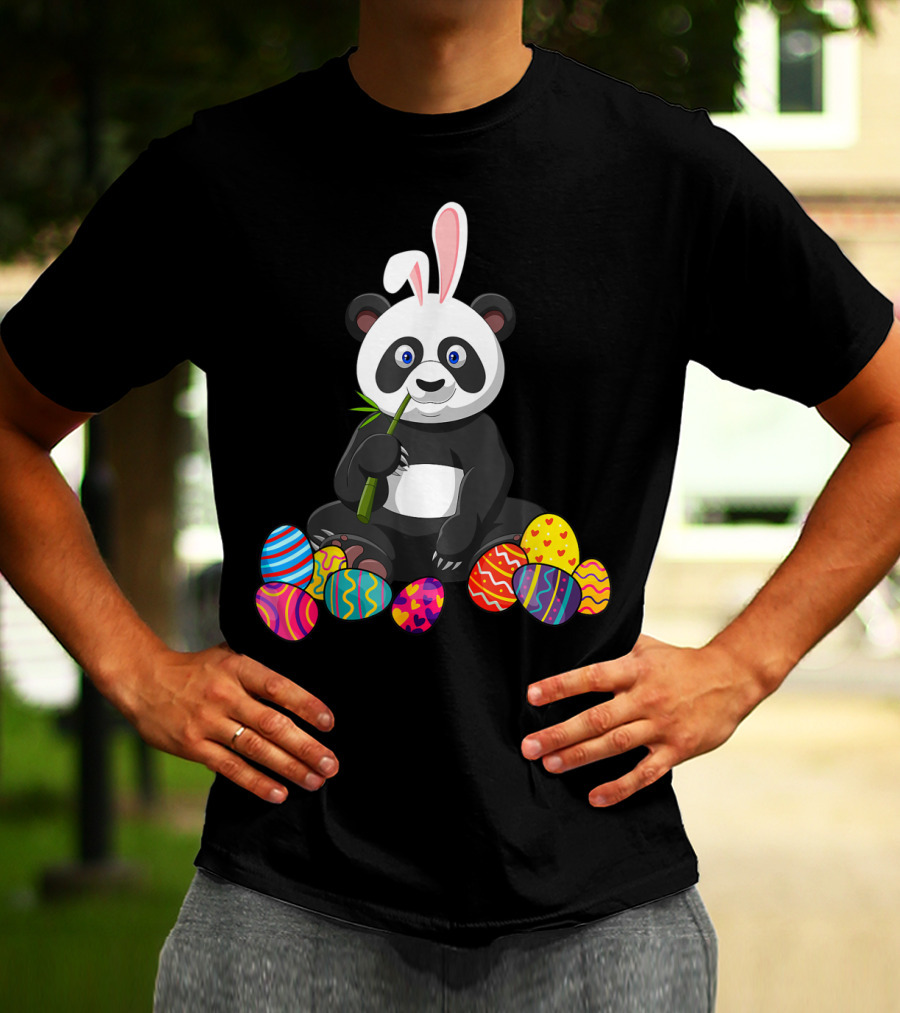 Panda Bunny Ear Eating Bamboo With Colorful Easter Eggs T-Shirt