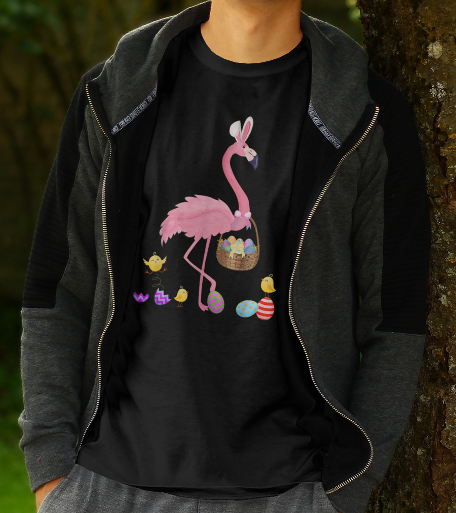 Pretty Easter Flamingo With Basket And Colorful Eggs T-Shirt
