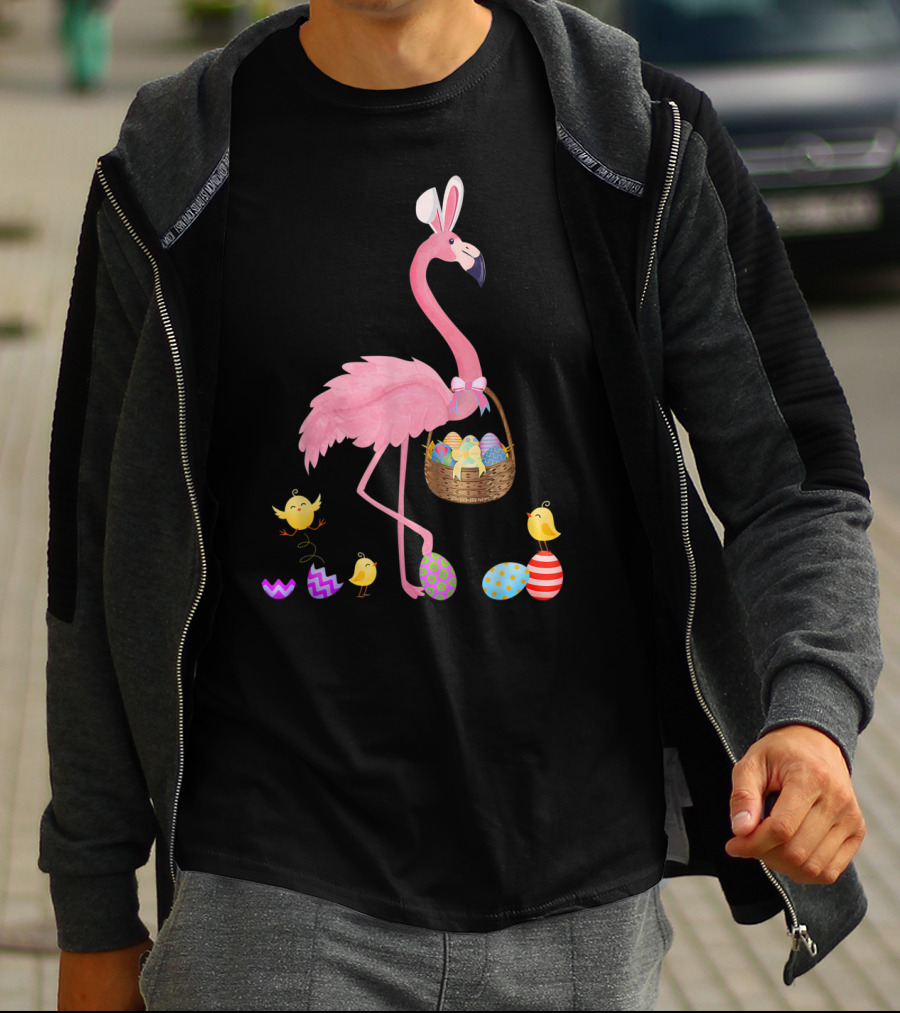 Pretty Easter Flamingo With Basket And Colorful Eggs T-Shirt