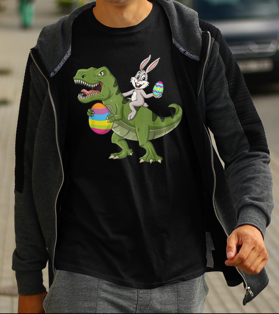 Rabbit On Dinosaur Holding Colorful Easter Eggs T-Shirt