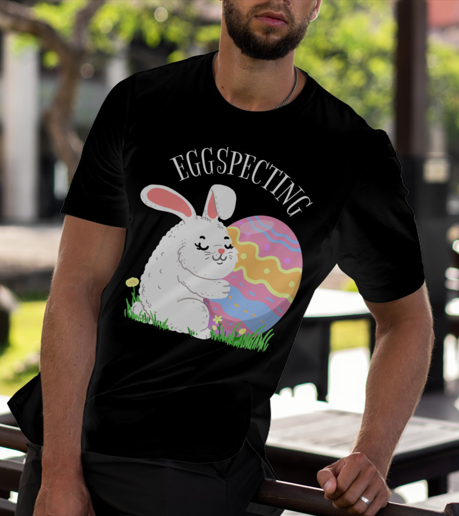 Eggspecting Easter Bunny Hugging Colorful Egg Pregnancy Announcement T-Shirt