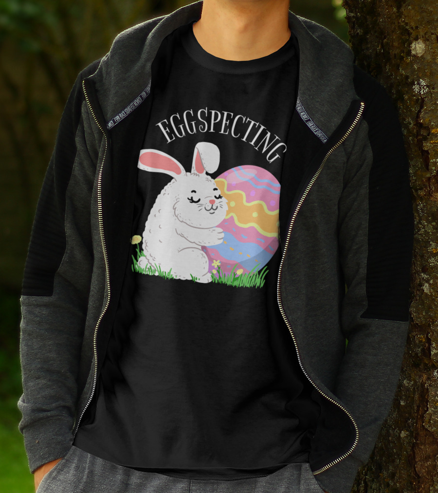 Eggspecting Easter Bunny Hugging Colorful Egg Pregnancy Announcement T-Shirt