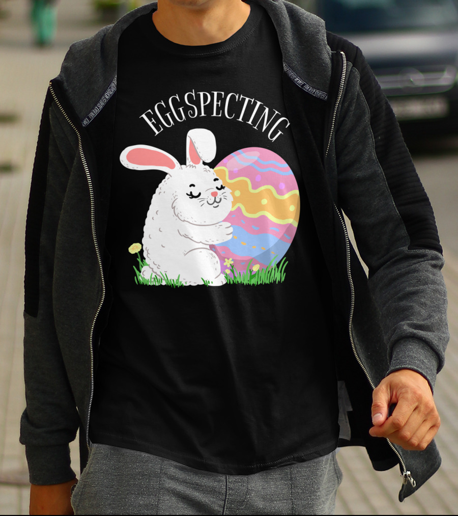 Eggspecting Easter Bunny Hugging Colorful Egg Pregnancy Announcement T-Shirt
