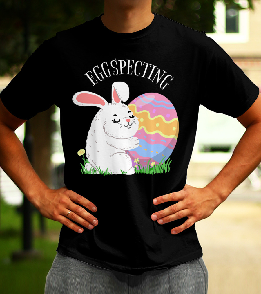 Eggspecting Easter Bunny Hugging Colorful Egg Pregnancy Announcement T-Shirt