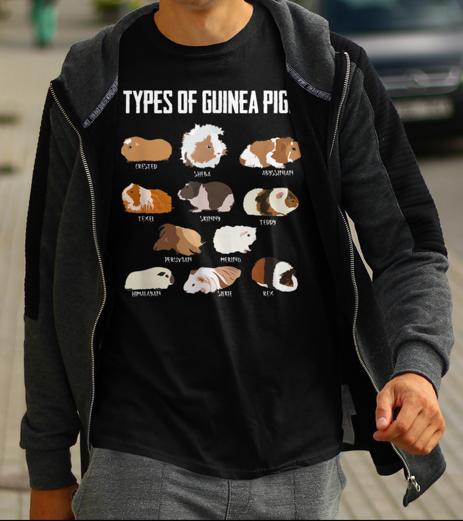 Types Of Guinea Pigs Crested Sheba Abyssinian Texel Skinny Teddy Peruvian Merino Himalayan Silkie Rex T-Shirt