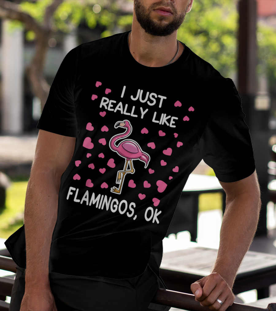 I Just Really Like Flamingos OK Surrounded By Pink Hearts Flamingo Lover T-Shirt