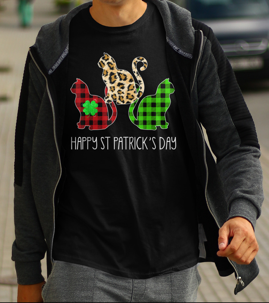 Happy St Patrick’s Day Leopard Buffalo Plaid Cat Trio T-Shirt