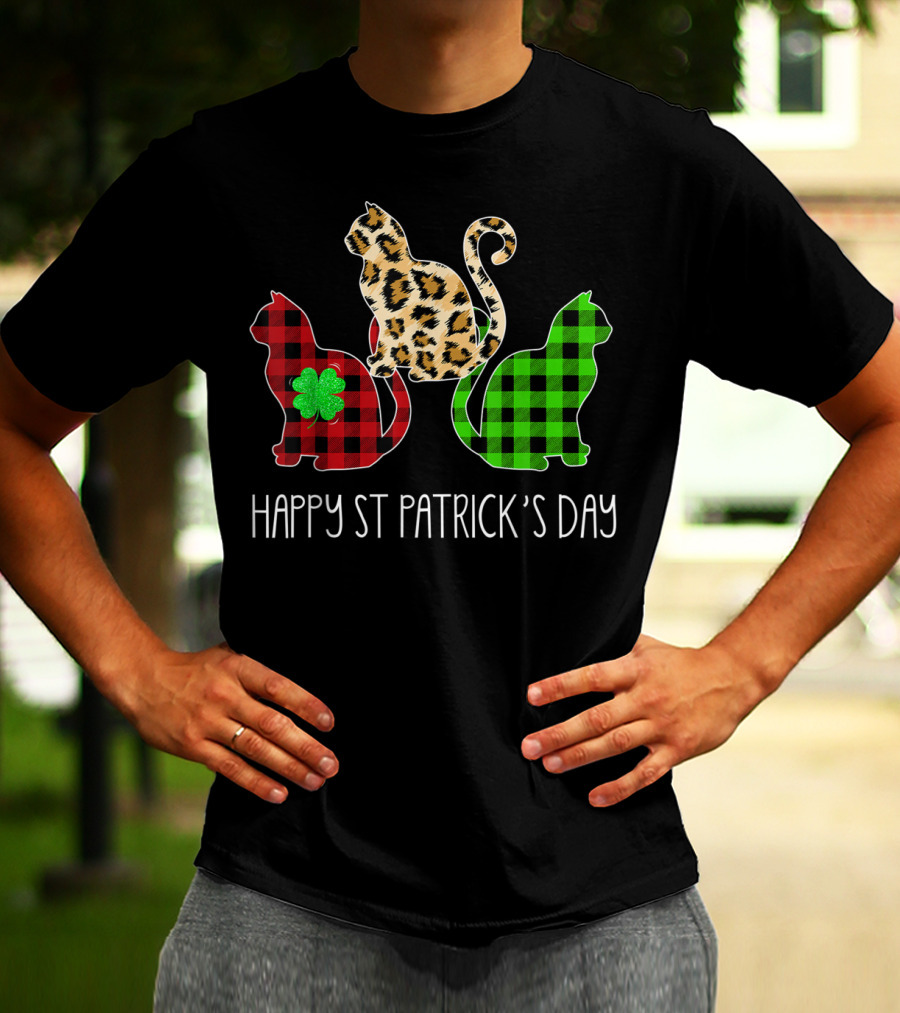 Happy St Patrick’s Day Leopard Buffalo Plaid Cat Trio T-Shirt