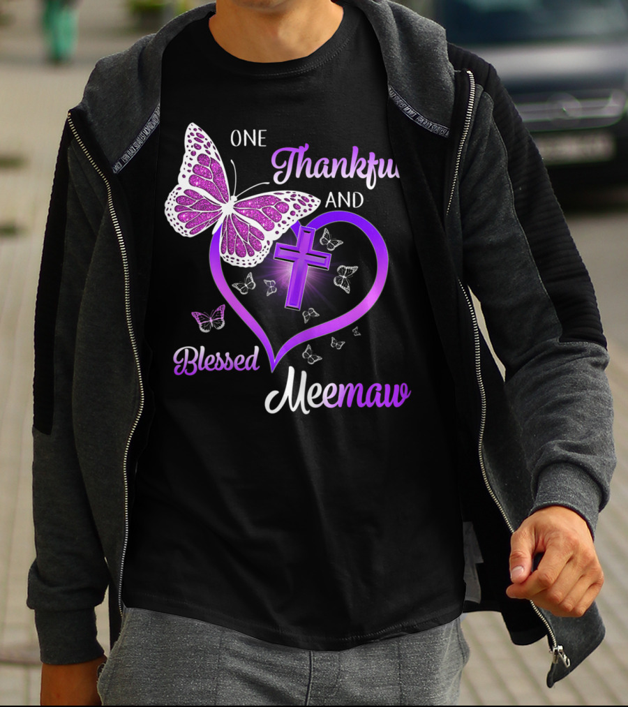 One Thankful And Blessed Meemaw Butterfly Cross Heart T-Shirt