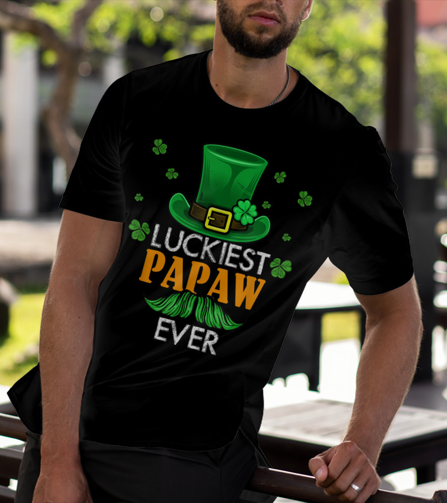Luckiest Papaw Ever Green Leprechaun Hat Shamrocks T-Shirt