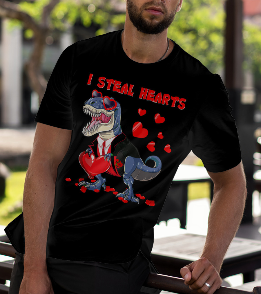 I Steal Hearts Valentines Day Dinosaur In Tuxedo With Hearts T-Shirt