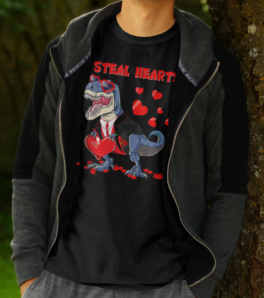 I Steal Hearts Valentines Day Dinosaur In Tuxedo With Hearts T-Shirt