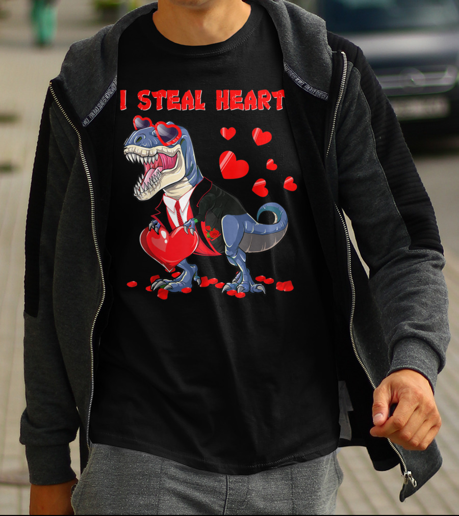 I Steal Hearts Valentines Day Dinosaur In Tuxedo With Hearts T-Shirt