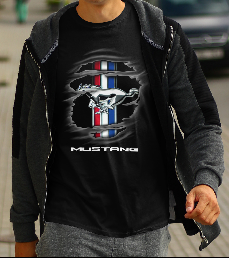 Mustang Silver Pony Emblem With Red White Blue Stripes T-Shirt