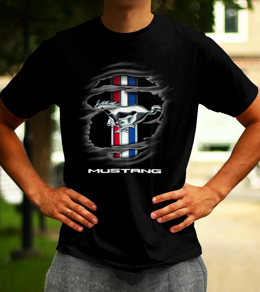 Mustang Silver Pony Emblem With Red White Blue Stripes T-Shirt