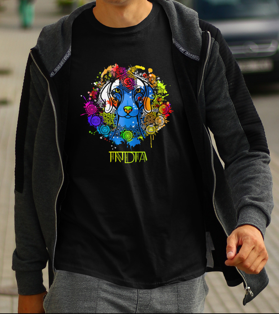 Colorful Ornamental Indian Dog With Hindu Om Symbol And Vibrant Abstract India Text T-Shirt