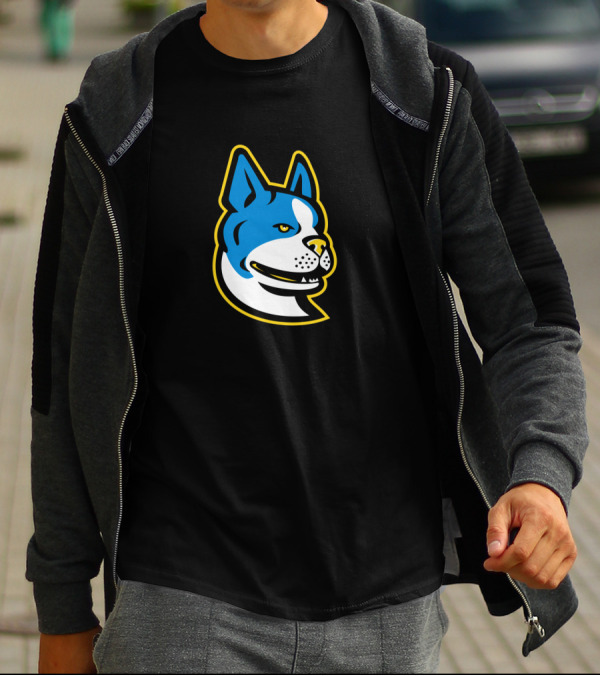 Boston Terrier Dog Mascot Blue And White Cartoon Profile T-Shirt