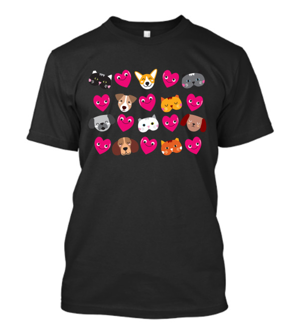 Cat And Dog Love Pattern With Heart Faces T-Shirt