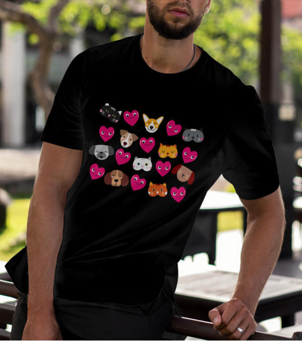 Cat And Dog Love Pattern With Heart Faces T-Shirt