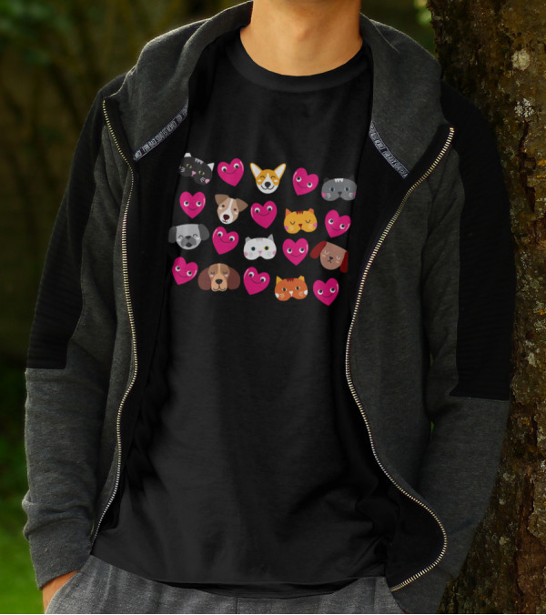 Cat And Dog Love Pattern With Heart Faces T-Shirt