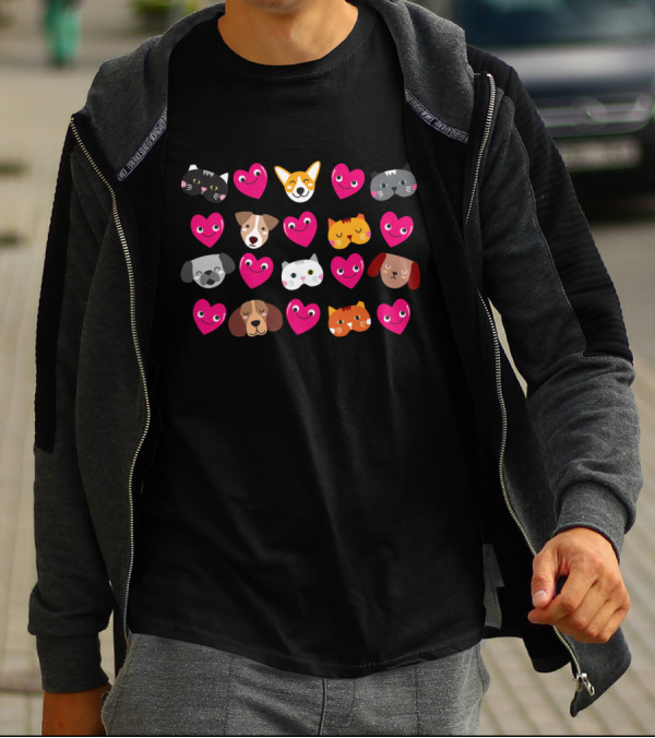 Cat And Dog Love Pattern With Heart Faces T-Shirt