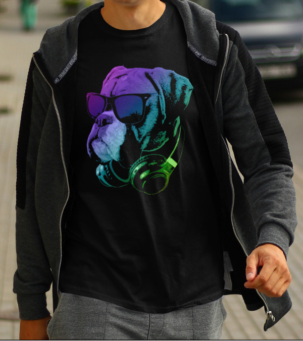 Boxer Dog DJ With Headphones In Vibrant Neon Colors T-Shirt