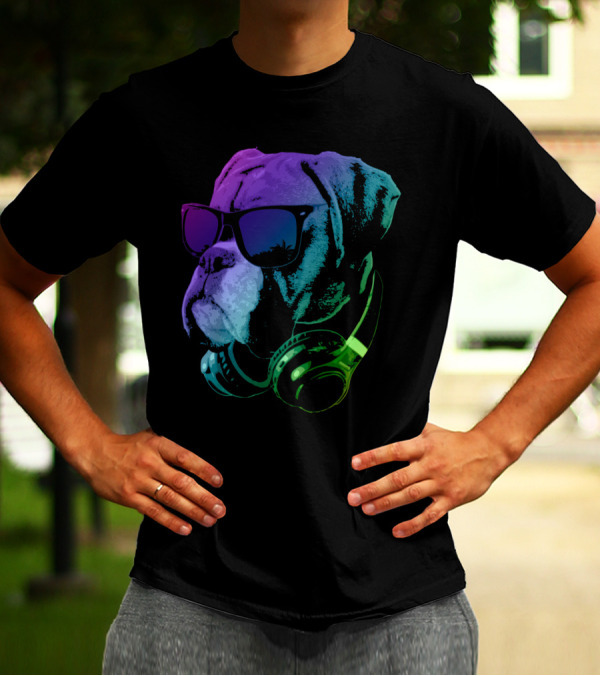 Boxer Dog DJ With Headphones In Vibrant Neon Colors T-Shirt