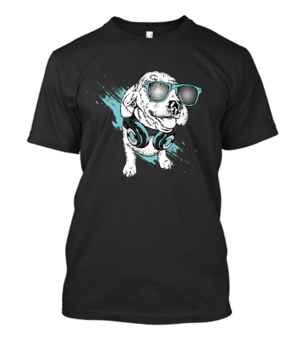 Cute Dog Wearing Blue Sunglasses And Headphones On Stylish Background T-Shirt